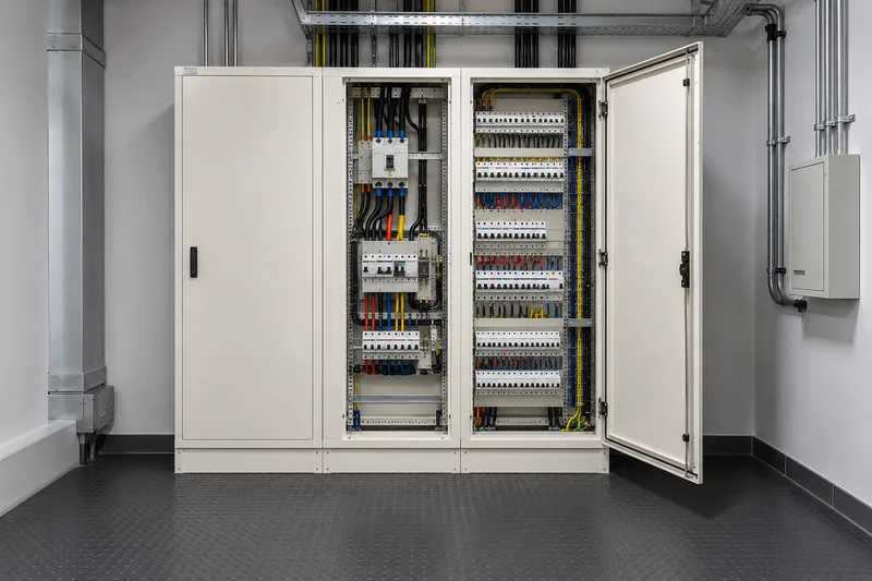 Commercial electrical distribution cabinet with organized breakers and cable routing