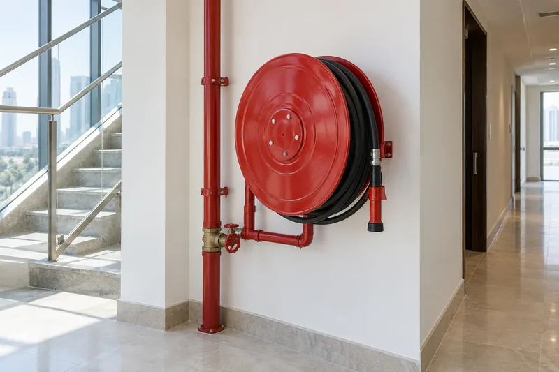 Wall-mounted fire hose reel connected to red supply pipework in a commercial lobby
