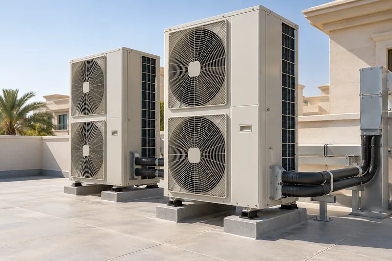 Outdoor air-conditioning units with insulated pipework on a villa roof terrace