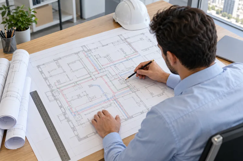 Engineer reviewing coordinated building-service routes on a technical floor plan