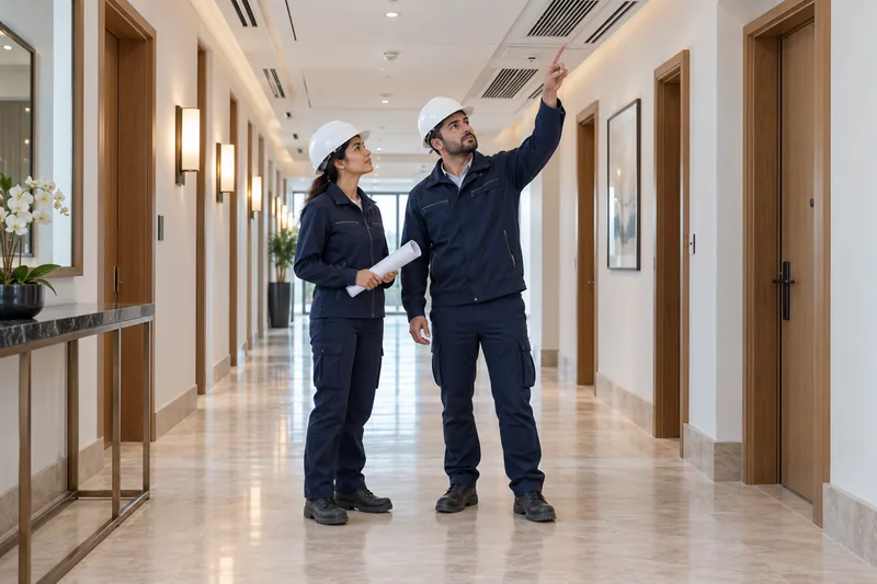 Two engineers reviewing ventilation and ceiling access panels in a finished service corridor