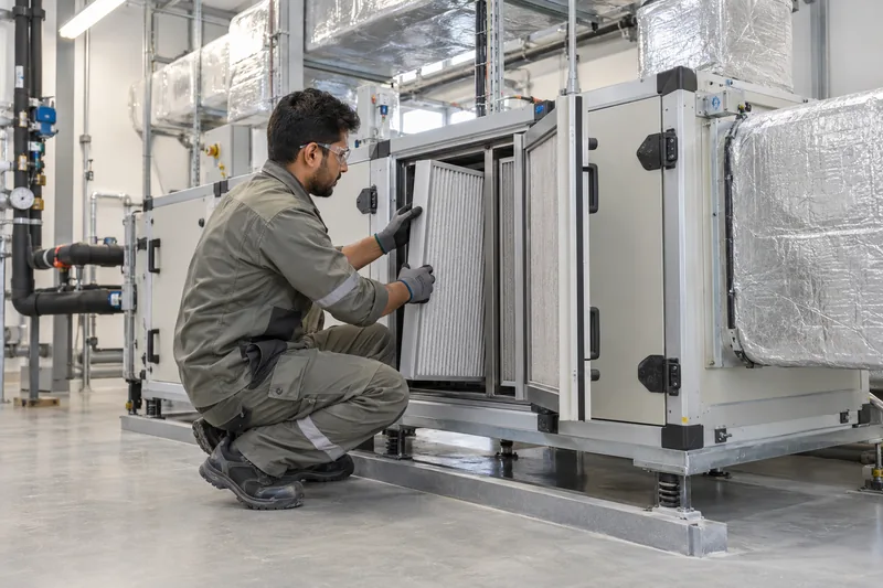 Maintenance technician removing a pleated filter from an air-handling unit