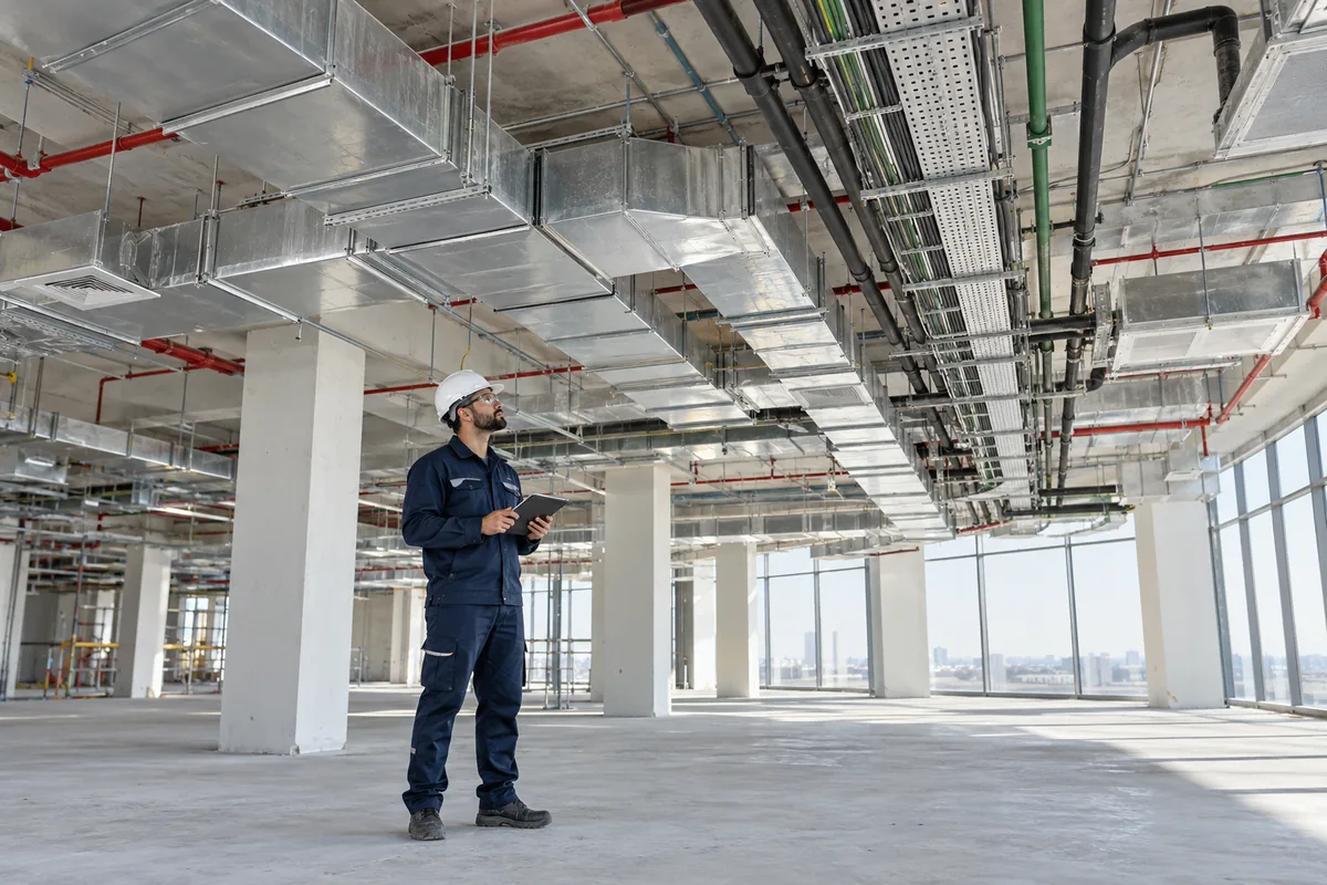 Engineer reviewing coordinated ducts, cable trays and pipework in a commercial building