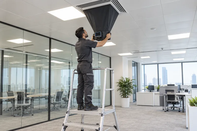 Commissioning technician measuring ceiling diffuser airflow with an air capture hood