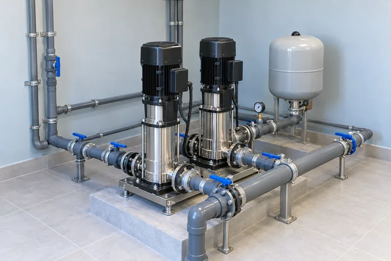 Water booster pumps, isolation valves and supply pipework in a utility room