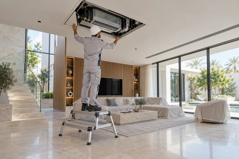 Technician inspecting a ceiling fan-coil unit through an access hatch in a modern villa